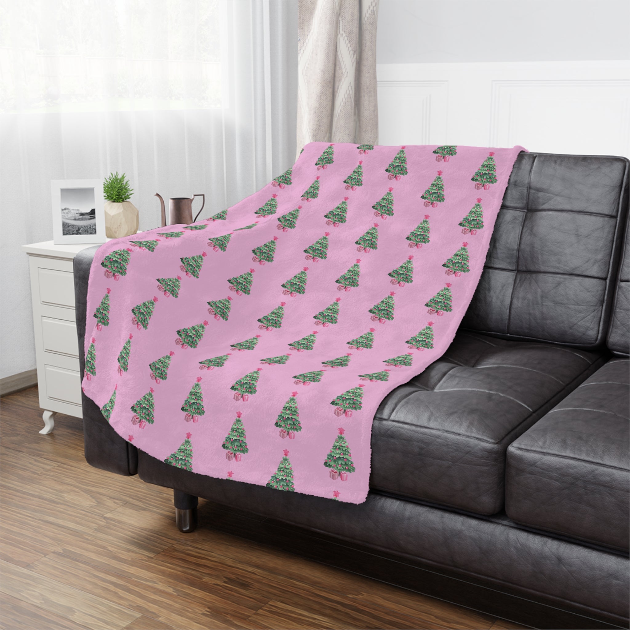 Pink - Christmas Tree Minky Blanket, Cozy Holiday Throw