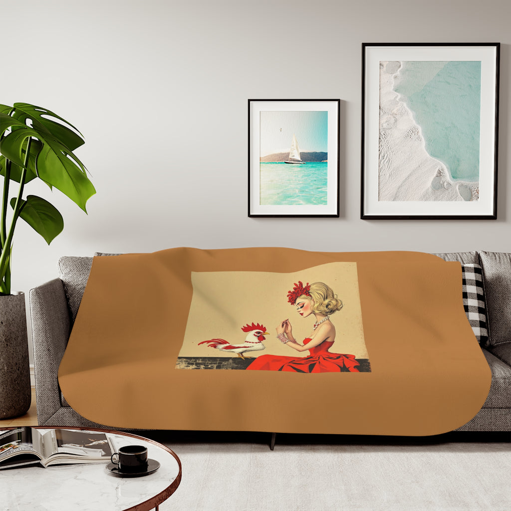 Vintage Pin-Up Rooster Sherpa Blanket — Cozy Two-Tone Throw