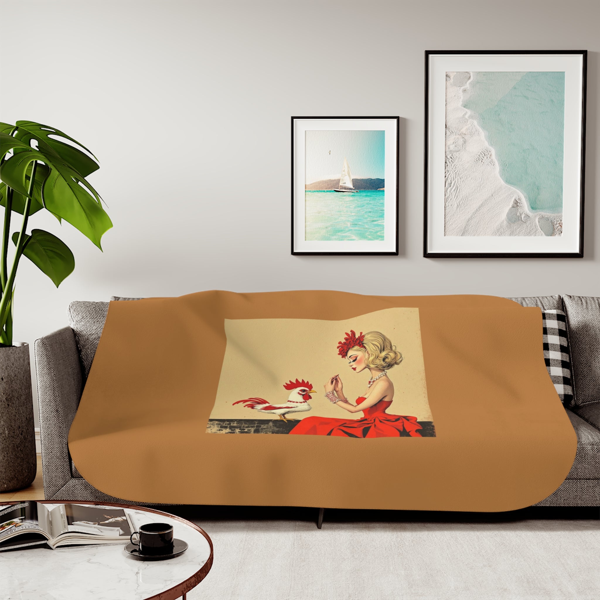 Vintage Pin-Up Rooster Sherpa Blanket — Cozy Two-Tone Throw