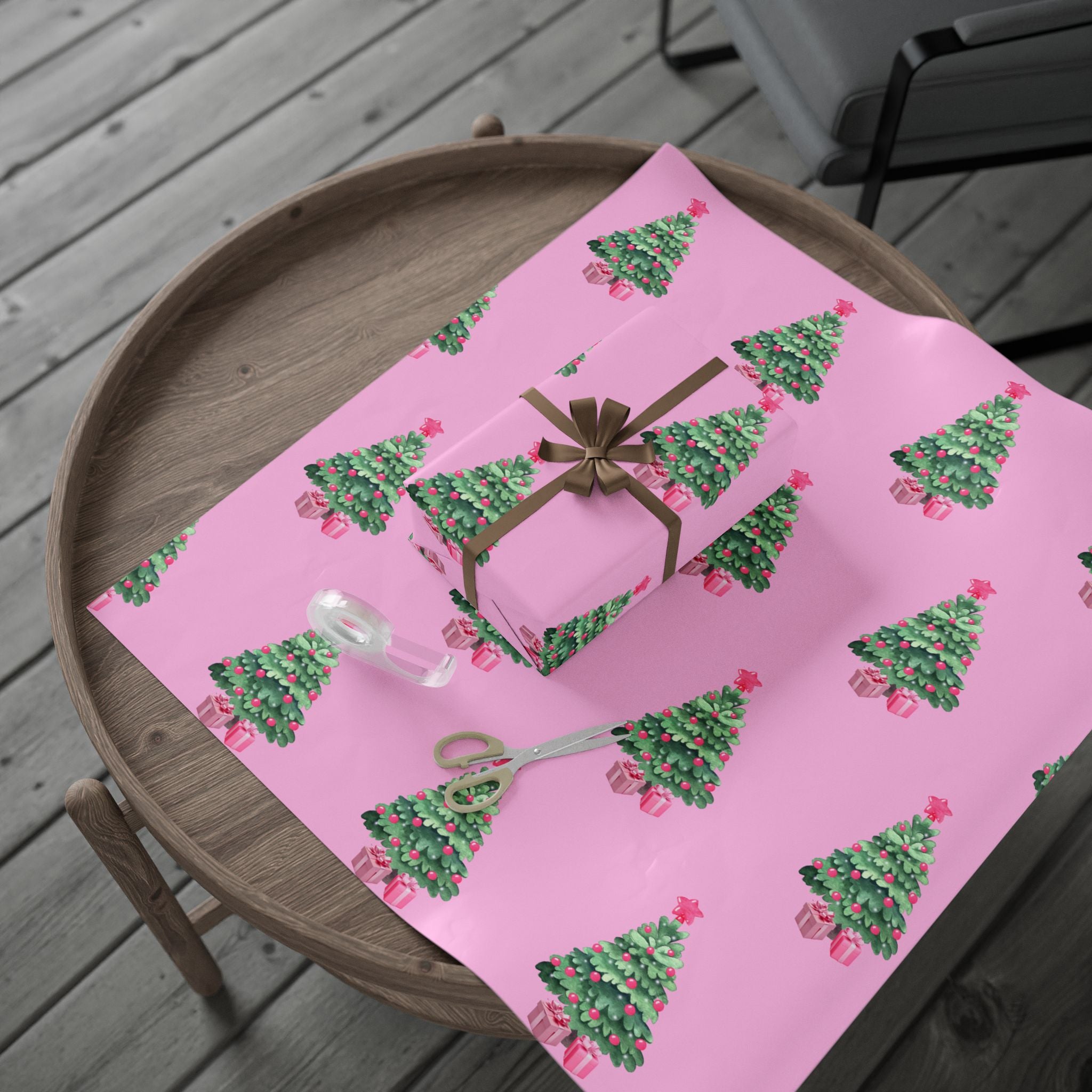 Charming Pink Holiday Tree Wrapping Paper