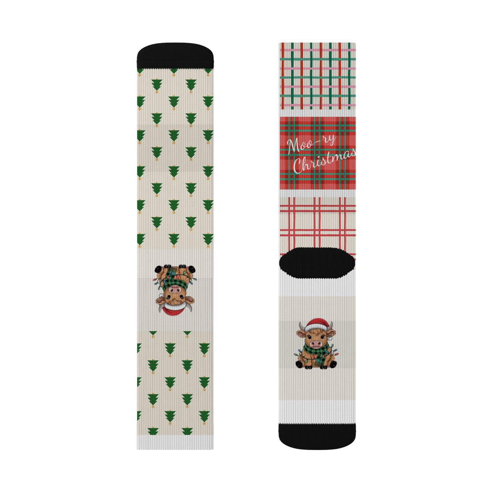 Christmas Cow Plaid Sublimation Socks — Merry Christmas Patterned Crew Socks