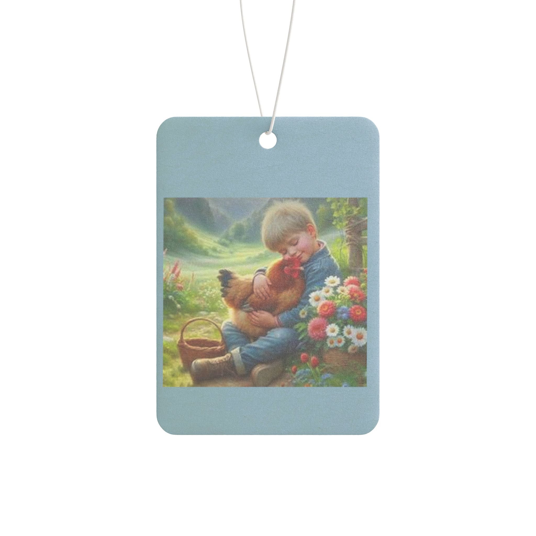 Boy and his chicken Car Air Freshener - Vintage Artwork