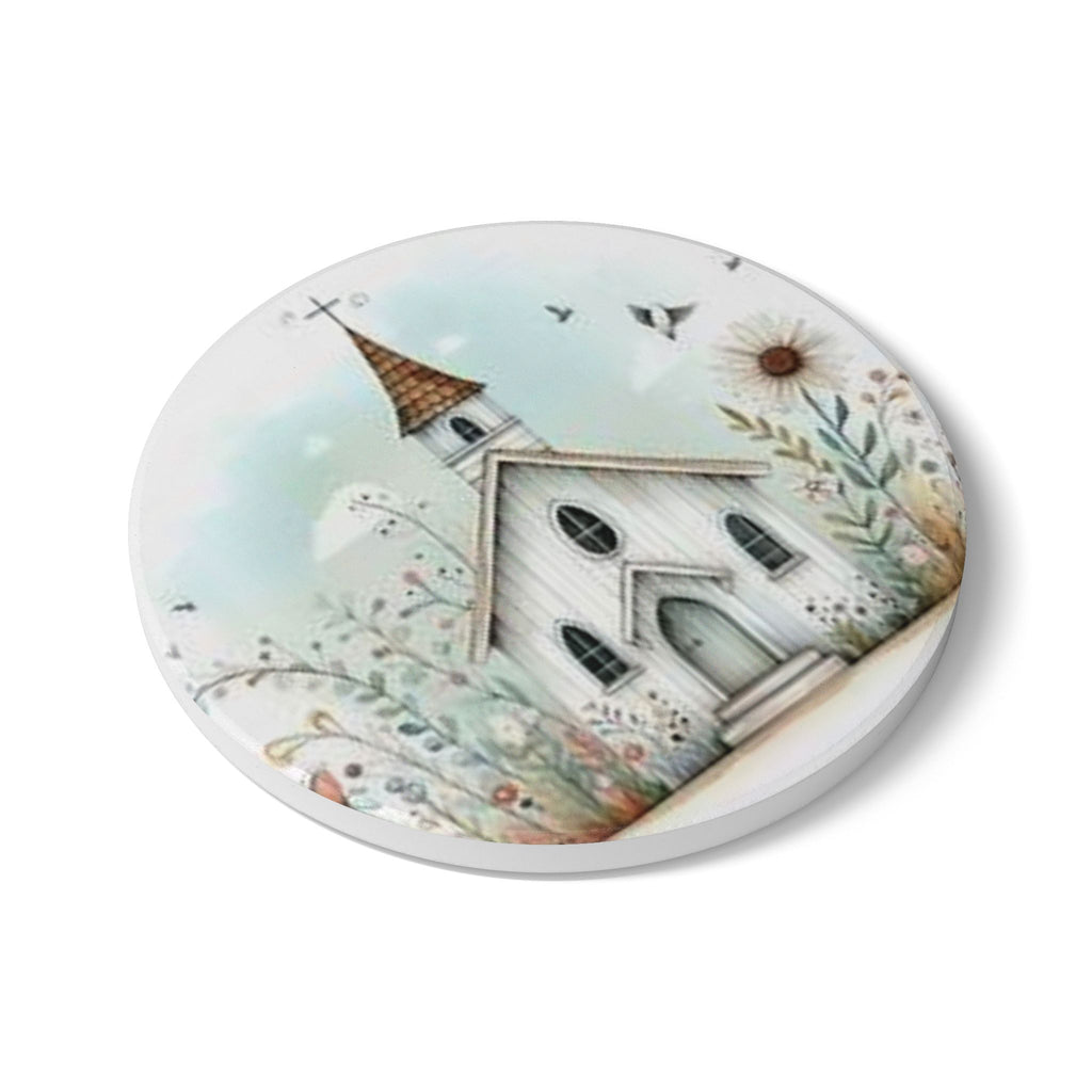 Whimsical Church Ceramic Coaster - Rustic Home Decor
