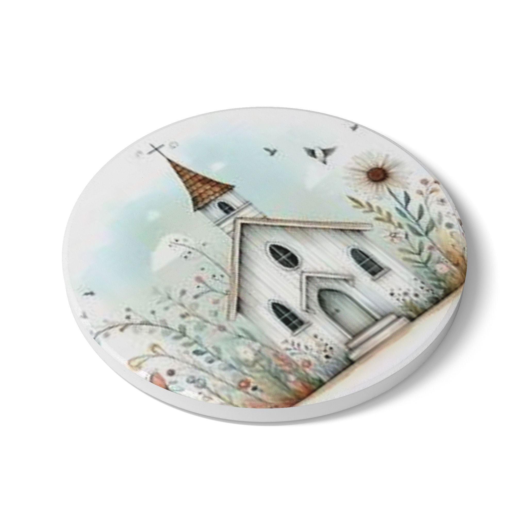 Whimsical Church Ceramic Coaster - Rustic Home Decor