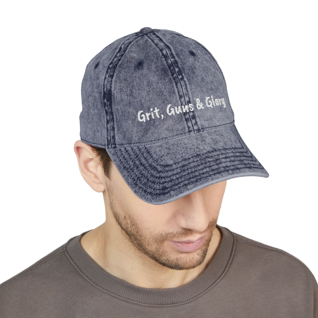 Vintage Embroidered Cap — "Grit, Guns & Glory" Distressed Baseball Hat