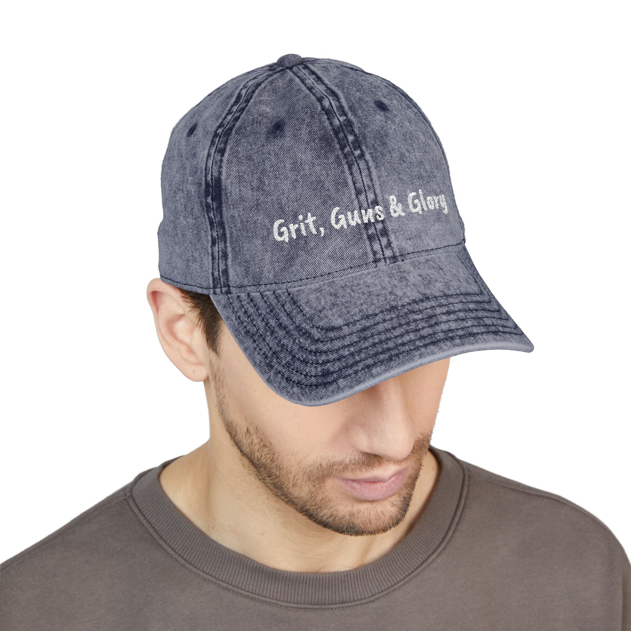 Vintage Embroidered Cap — "Grit, Guns & Glory" Distressed Baseball Hat