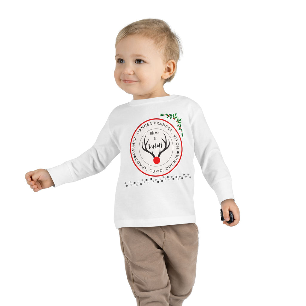 Toddler Long Sleeve Tee — "Santa's Reindeer" Personalized Christmas Tee (Rudolph, Dancer, Prancer Names)