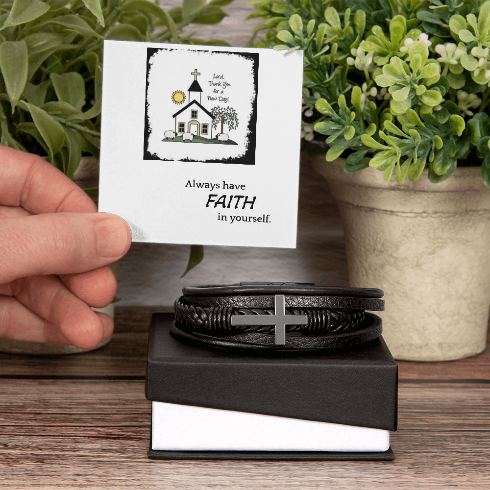 Men Vegan Leather Bracelet with Cross